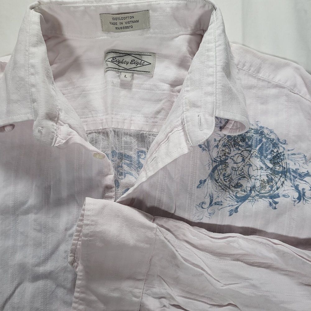 Eighty Eight Mens Large Pale Pink Long Sleeve Graphic on Back Button Up Shirt